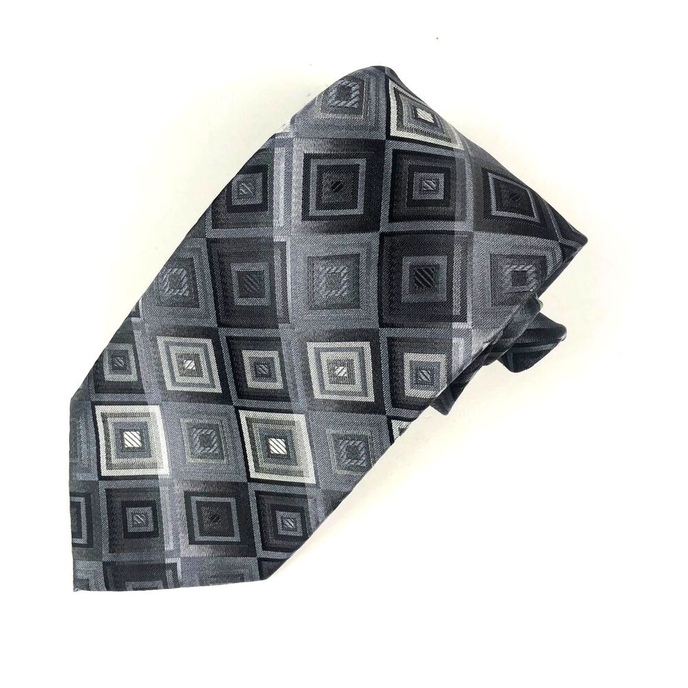 Crazy Horse A Claiborne Company 100% Silk Tie Gray Black Geometric Diamond